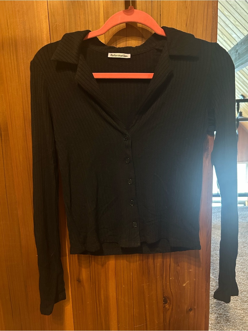 Reformation Black Ribbed Button-Front Collared Top - Picture 3 of 5